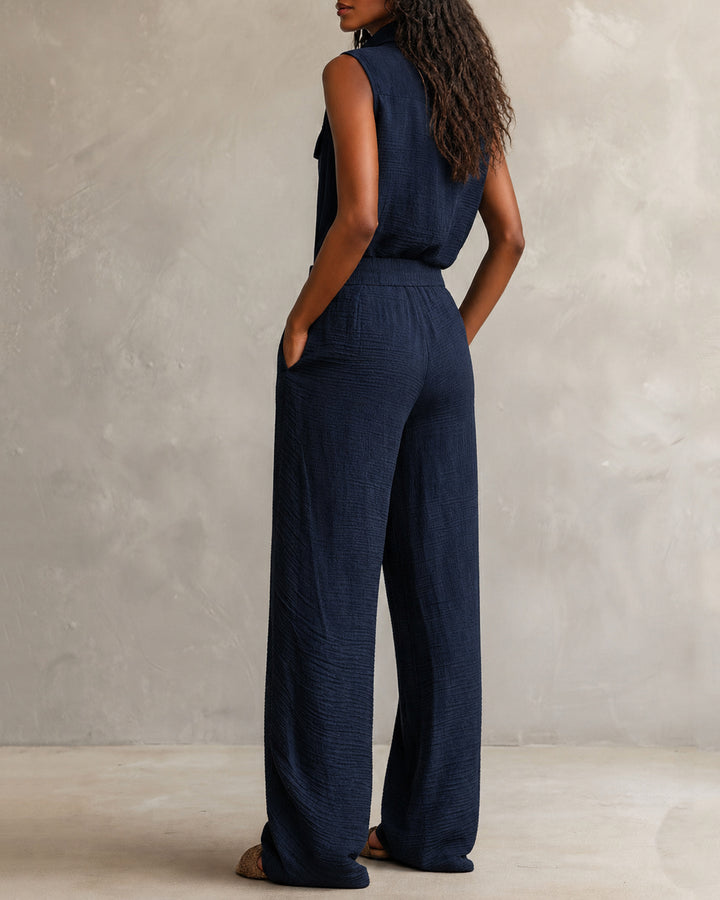 Lapel Button-down Belted Straight-leg Jumpsuit