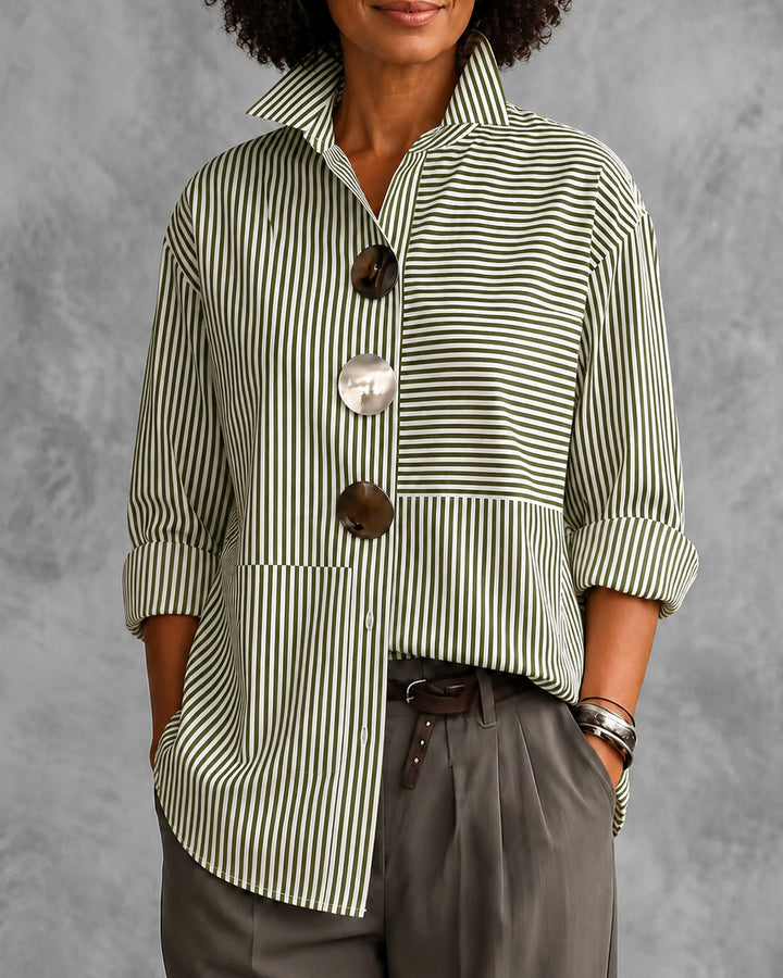 Irregular Stripes Stand Collar Long Sleeve Shirt with Metal Buttons