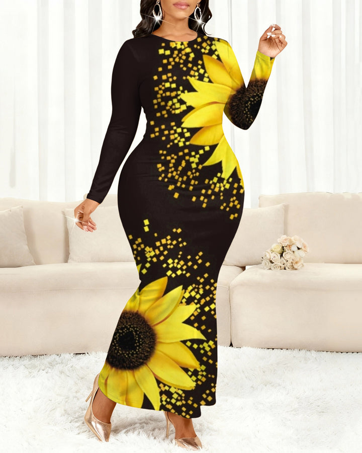 Geometric Sunflower Round Neck Long Sleeve Bodycon Dress