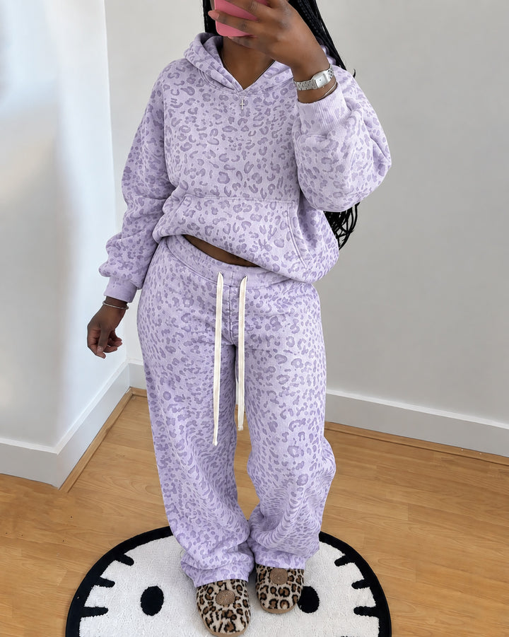 Retro Leopard-print Hooded Sweatshirt and Wide-leg Trousers Two-piece Set