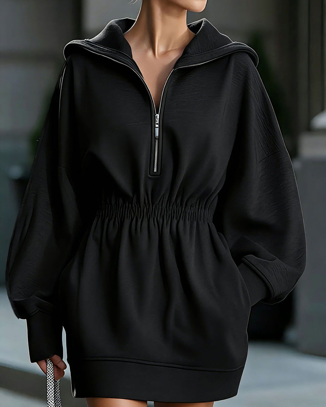 Half-Zip Hooded Waist Cinched Oversized Long Sleeve Mini Sweatshirt Dress