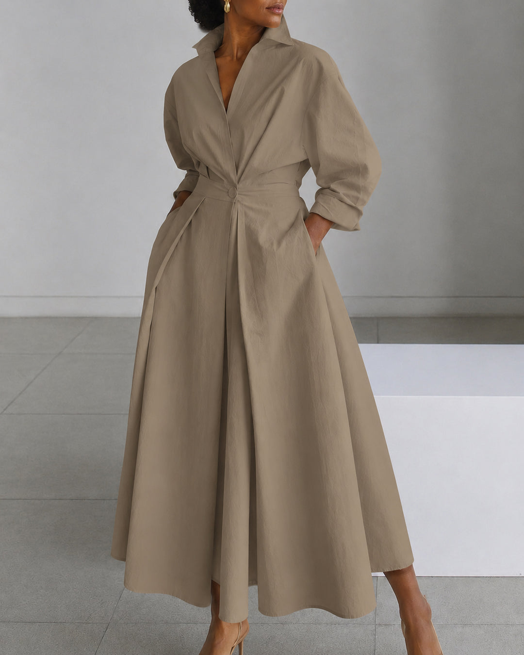Women's Modest  Long Sleeve Pocket-Equipped Midi Dress