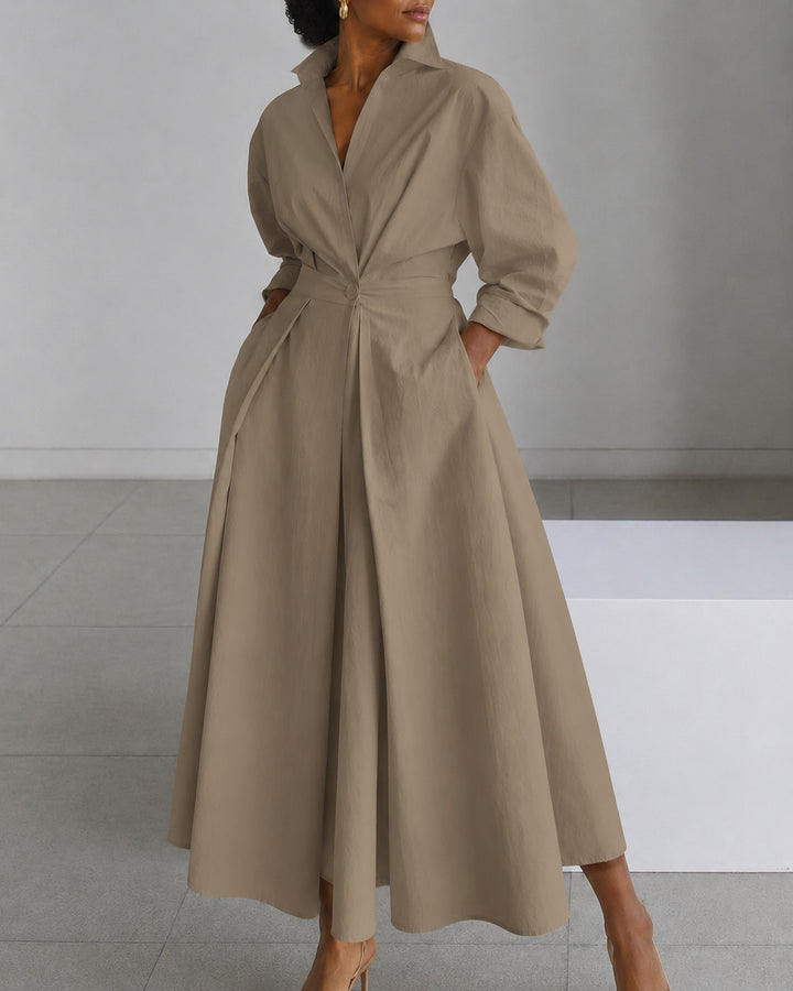 Women's Modest  Long Sleeve Pocket-Equipped Midi Dress