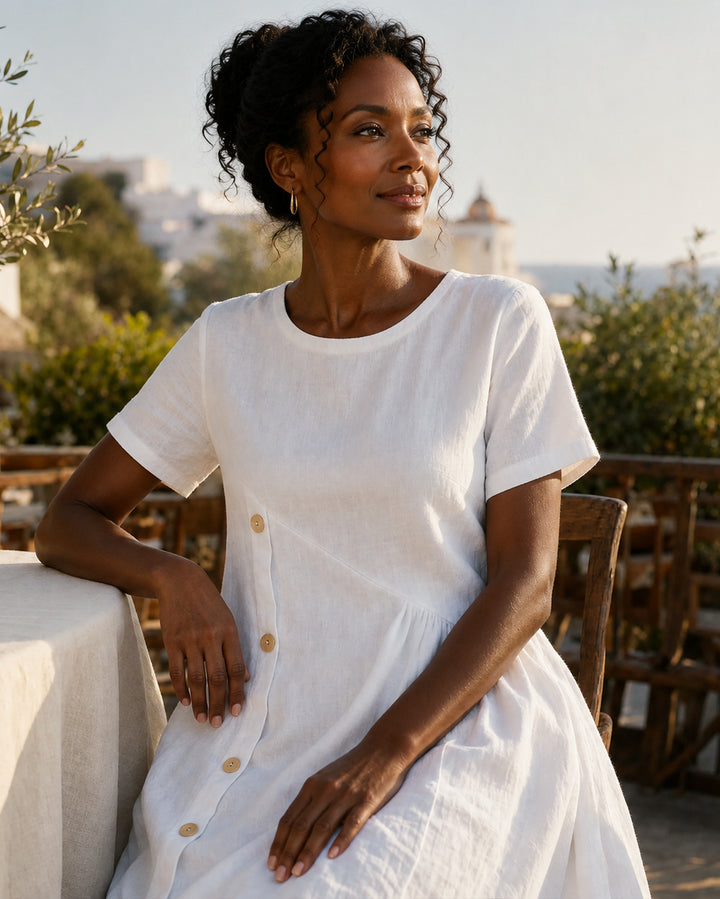 Cotton-Linen Asymmetric Button Midi Dress