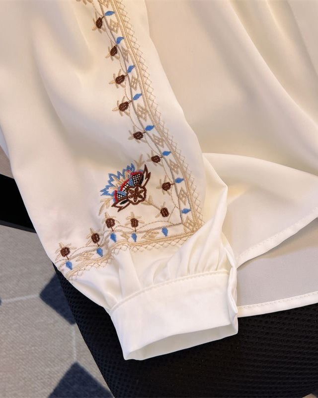 Bohemian Embroidered Collared Long Sleeve Shirt