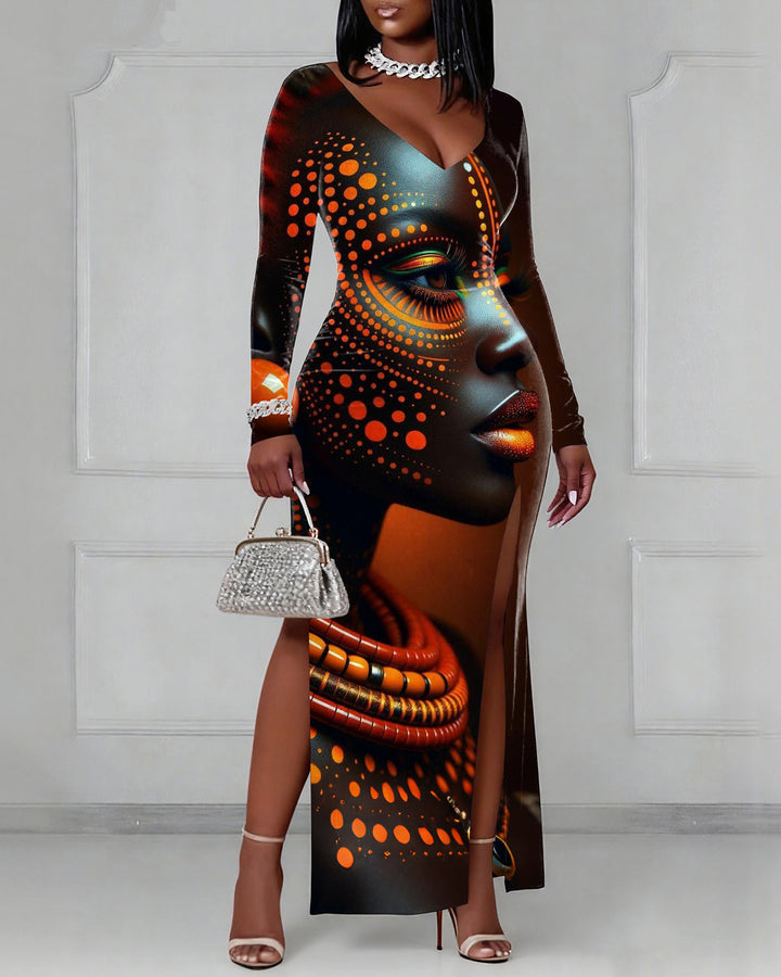 V-neck Totem Women's Art Long Sleeve Bodycon Dress