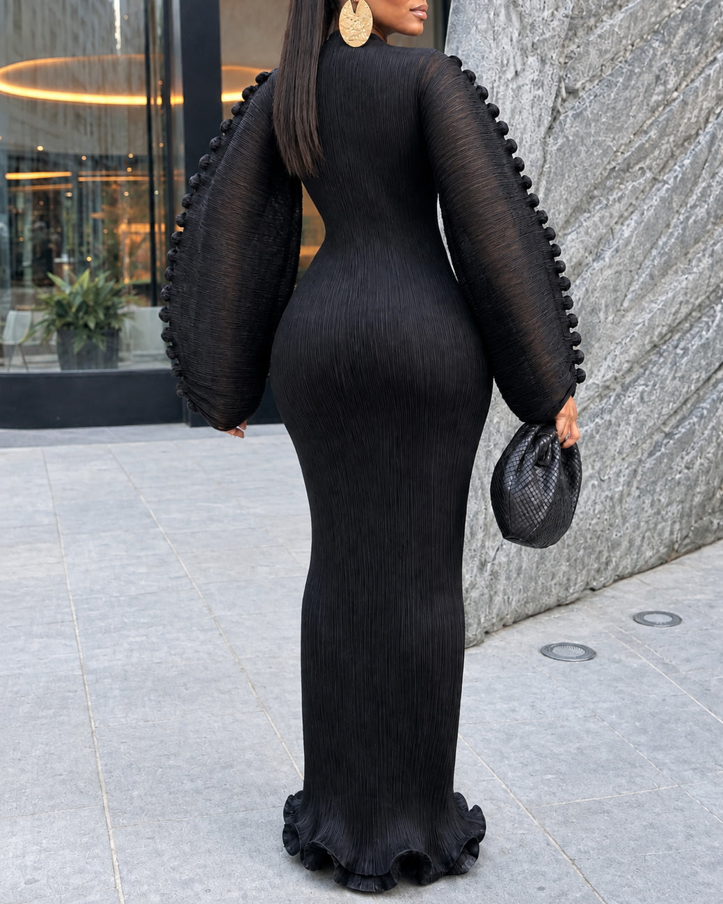 Women's Pleated Mock Neck Ruffled Puff Long Sleeve Mermaid Maxi Dress