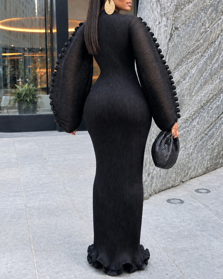 Women's Pleated Mock Neck Ruffled Puff Long Sleeve Mermaid Maxi Dress
