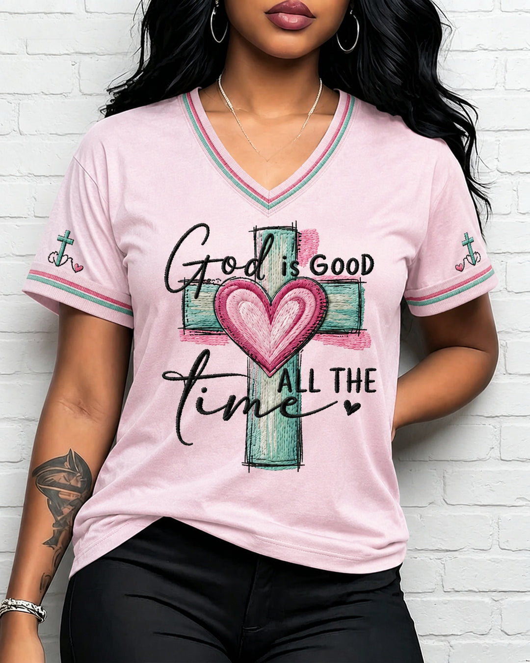 Women's God Is Good All The Time Print V-neck Short Sleeve Tshirt