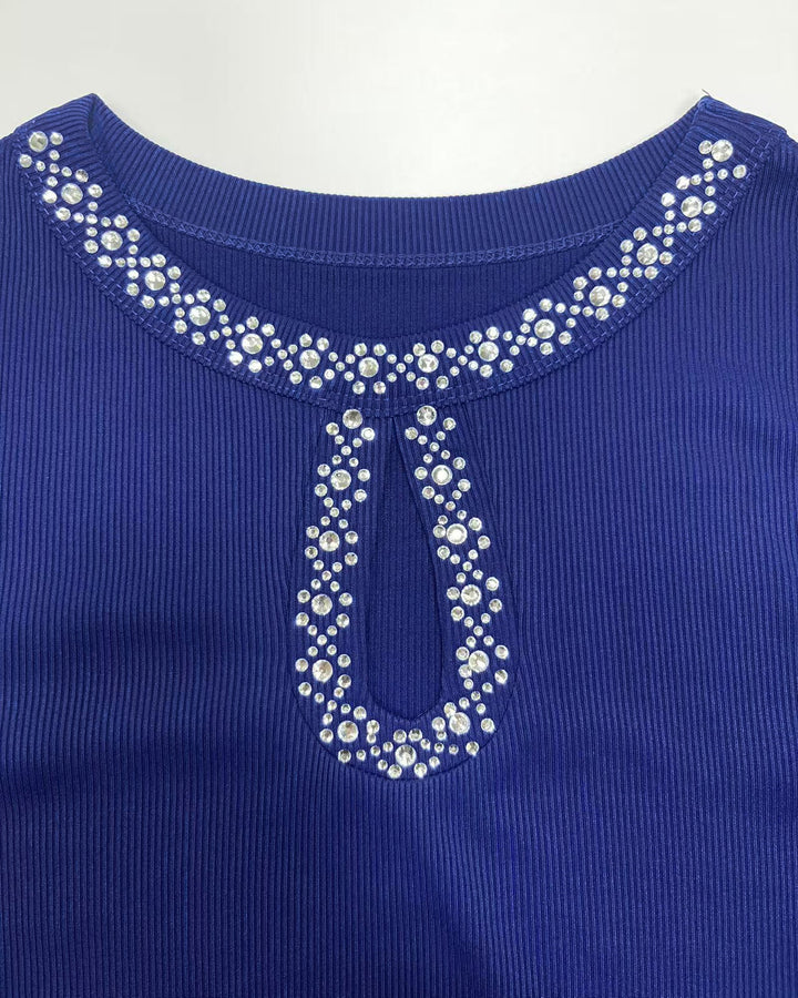 Women Rhinestone Keyhole Cutout Long Sleeve Top