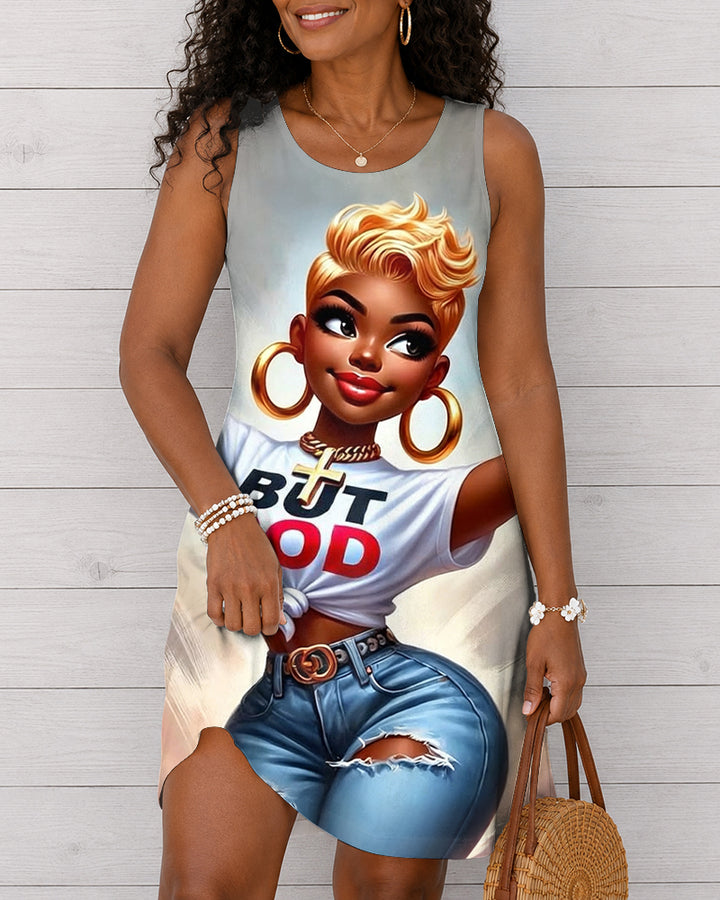 Cut Black Woman But God Round Neck Sleeveless Mini Casual Dress