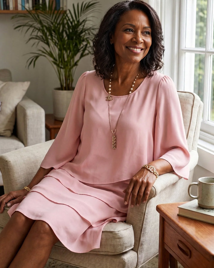 Round Neck Three-quarter Sleeves Elegant Layered Ruffle Dress
