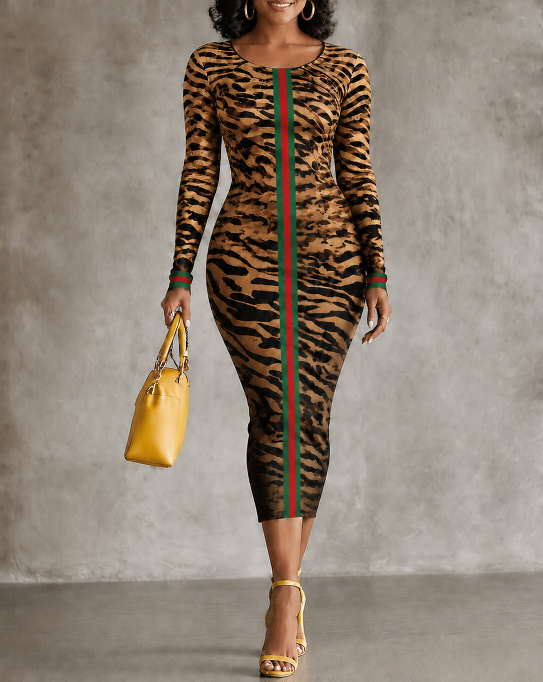 Brown Leopard Print Stripes Crew Neck Long-sleeve Midi Dress