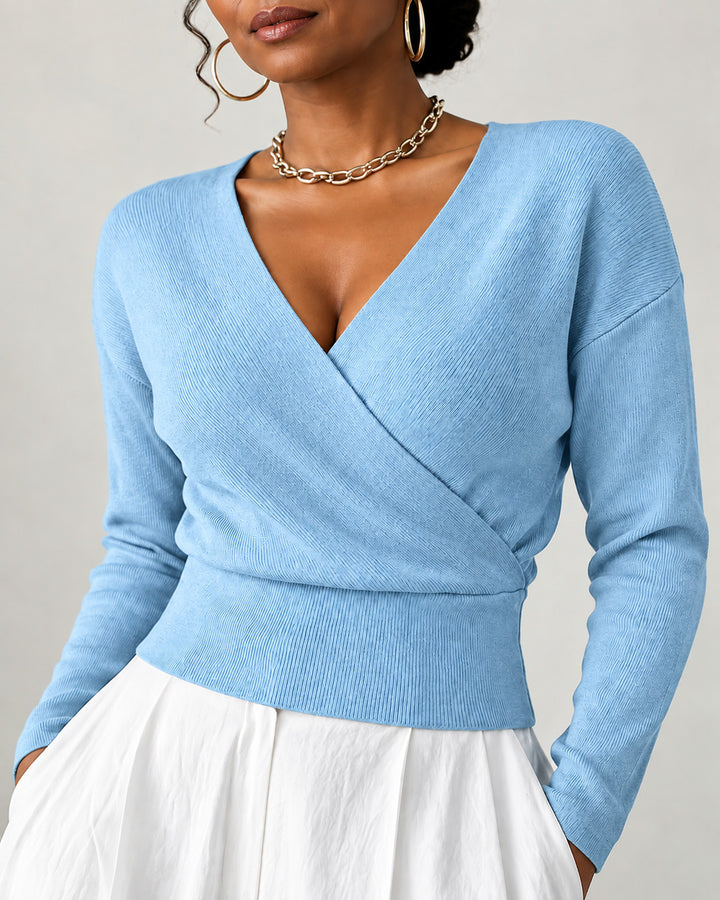 Women's Wrap V Neck Ribbed Knit Top