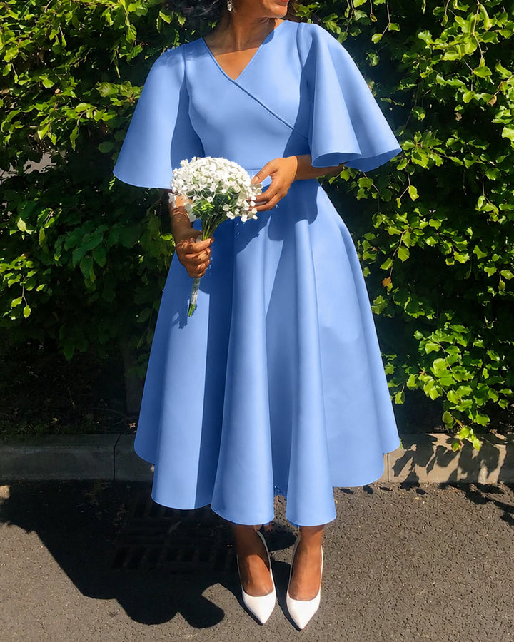 V-Neck Flared Sleeve Midi Swing Dress