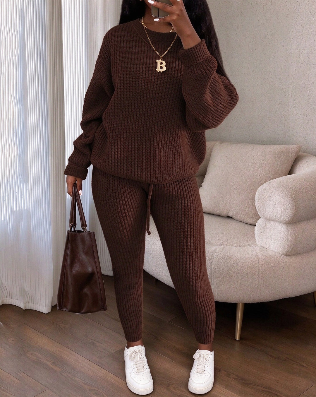 Women's Crew Neck Long Sleeve Oversized Ribbed Knit 2 Piece Outfit Set