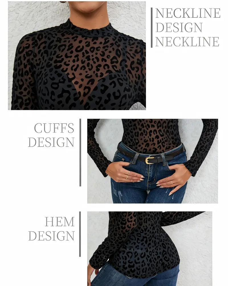 Sexy Leopard Print Crew Neck Long Sleeve Stretchy Fitted Basic Top
