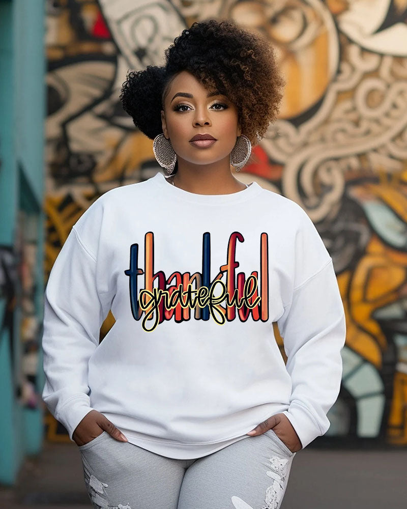 Thanksgiving Day Slogan Thankful Grateful Print Crewneck Long Sleeve Sweatshirt