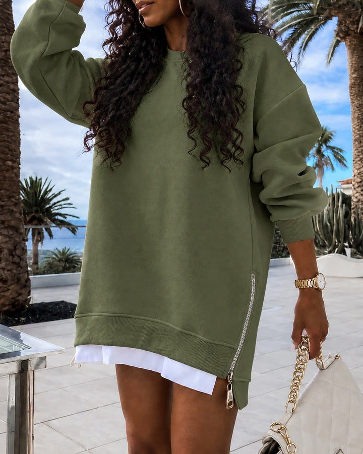 Women's Oversized Crew Neck  Side Zipper Split Hem Tunic Sweatshirt
