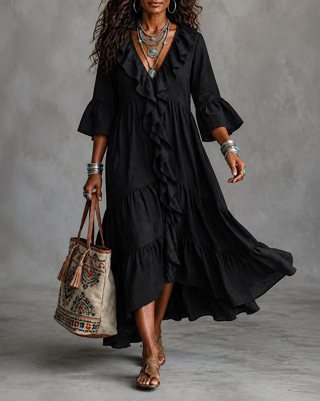 V-Neck Lace Spliced 3/4 Flare Sleeve Ruffled Vintage Dress