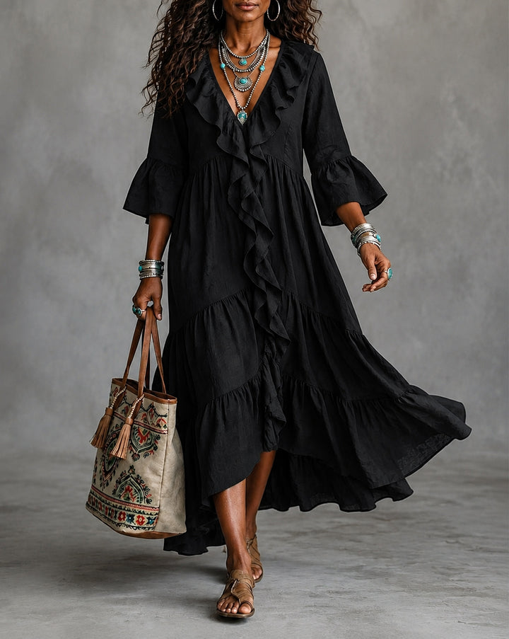 V-Neck Lace Spliced 3/4 Flare Sleeve Ruffled Vintage Dress