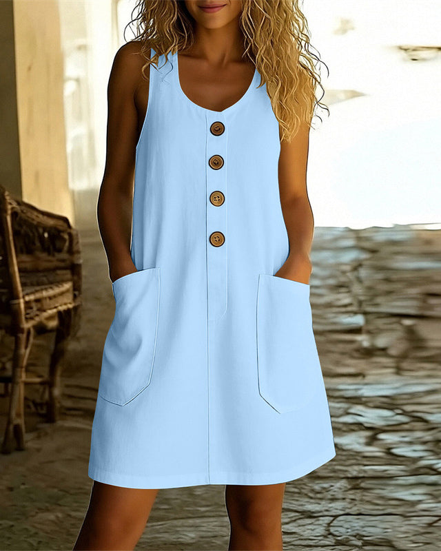 U-neck Button-down Sleeveless Cotton Linen Dress