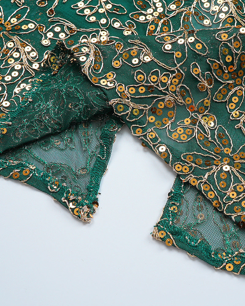 Plus Size Emerald Green Gold Embroidered Maxi Formal Gown