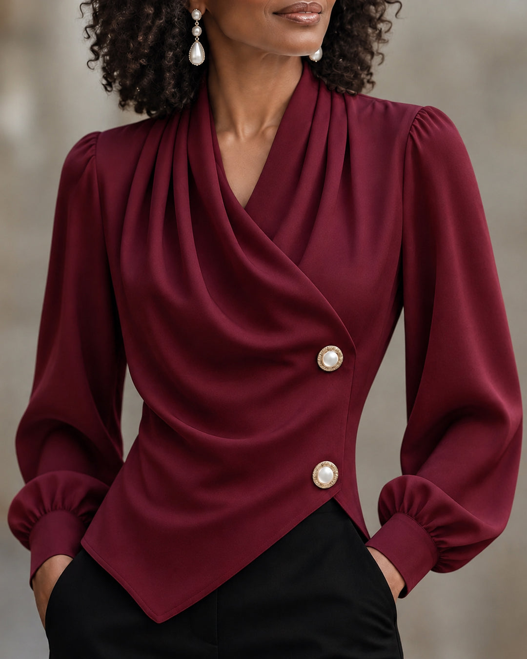 Women's Elegant Satin Draped Wrap V Neck Puff Long Sleeve Blouse