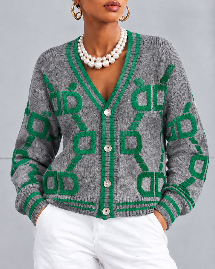 Women's V Neck Geometric Pattern Knit Cardigan