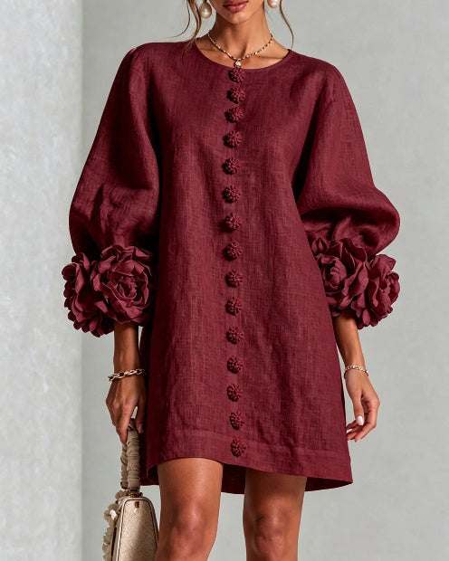 Linen Blend Flowers Button Down Floral Cuffs Half Sleeve Mini Dress