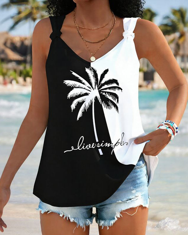 Contrasting Colors Hawaiian Coconut Trees Print Lace-up Design Casual Vest