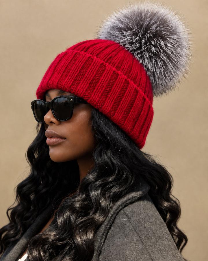 Women Ribbed Knit Beanie Hat with Large Faux Fur Pom Pom
