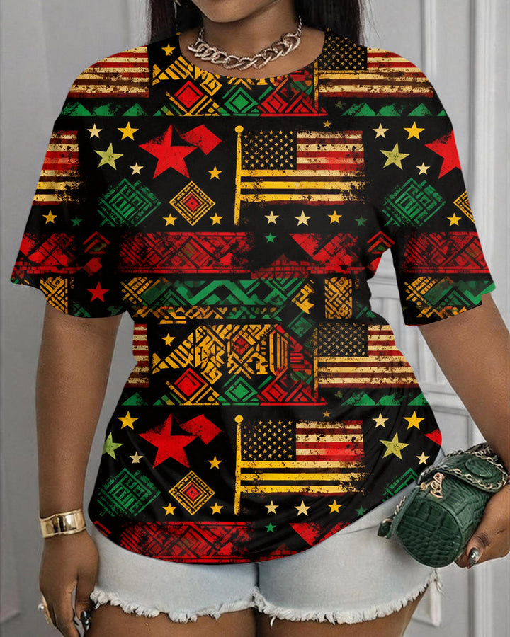 Reggae Color Matching Geometric American Flag Print Round Neck Short Sleeve Tee