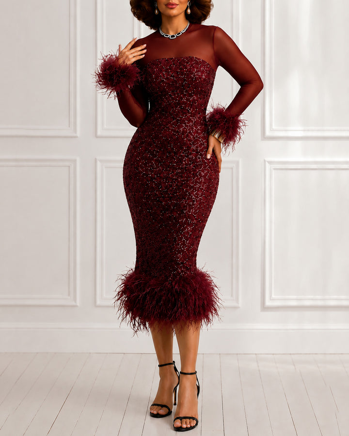 Sequin Mesh Long Sleeve Feather Trim Bodycon Dress Midi Dress