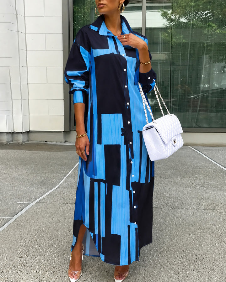 Color-blocked Plaid Stripes Print Collared Button-Front Shirt Maxi Dress