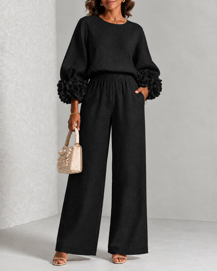 Women 3D Flower Cuff Top & Wide Leg Pants Matching Set Elegant 2 Piece Outfit