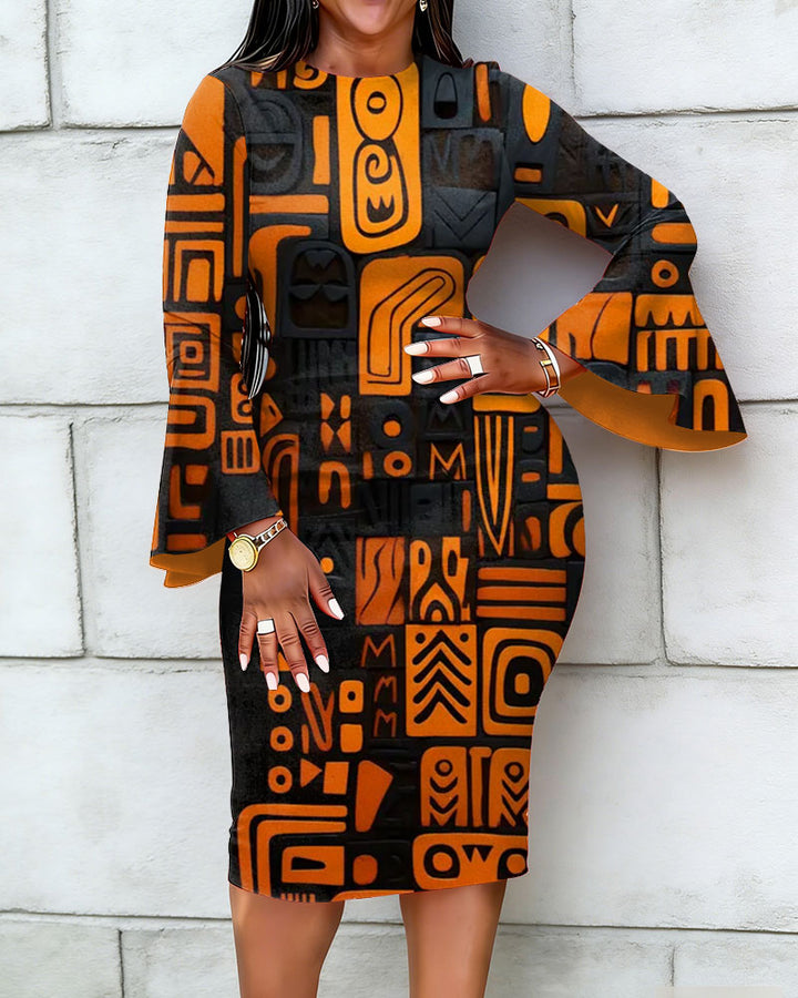 African Textile totem Prints Flared Sleeves Mini Dresses