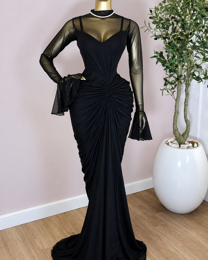 High Quality Women Mock Neck Mesh Mermaid Maxi Evening Gown