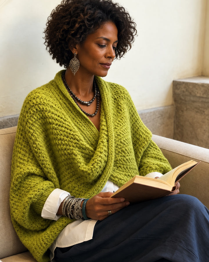 Women Cozy Relaxed Batwing Sleeves Crossover V-neck Sweater