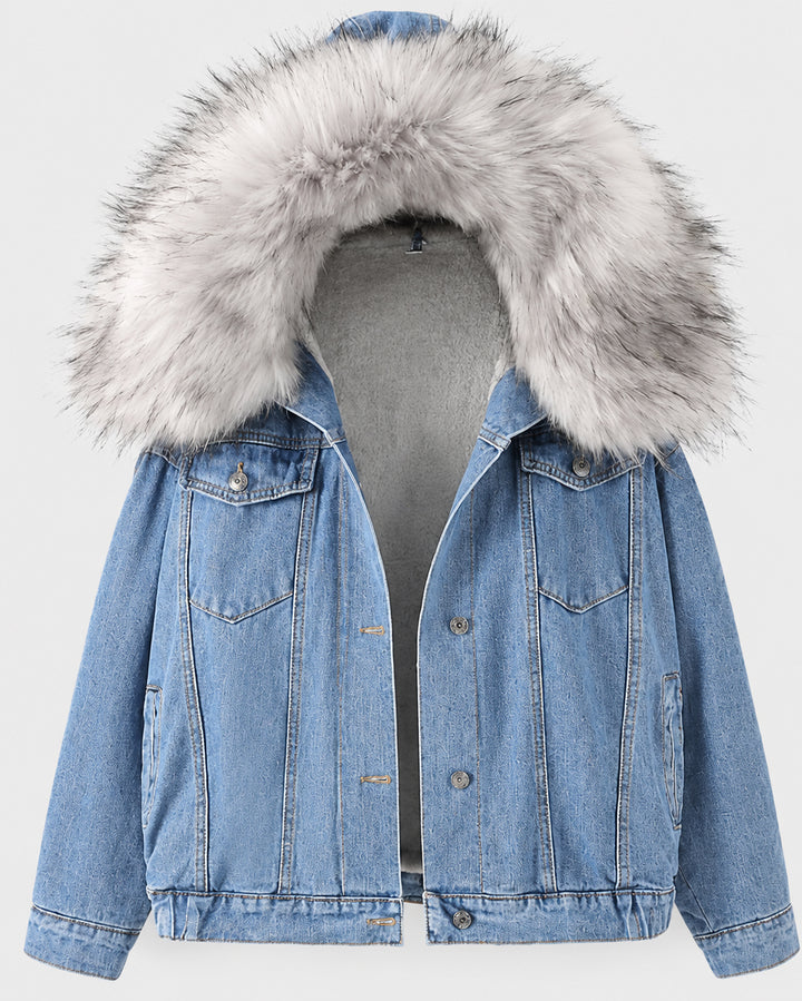 Faux Fur Collar Button Down Long Sleeve Oversized Denim Jacket