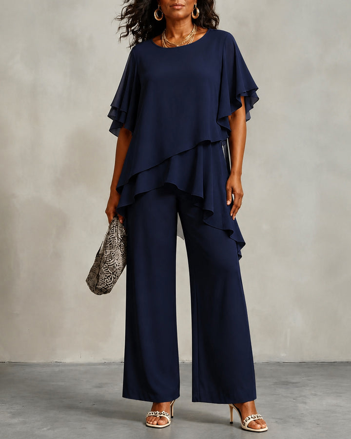 Chiffon Irregular Lace Top and Straight-leg Pants Two-piece Set