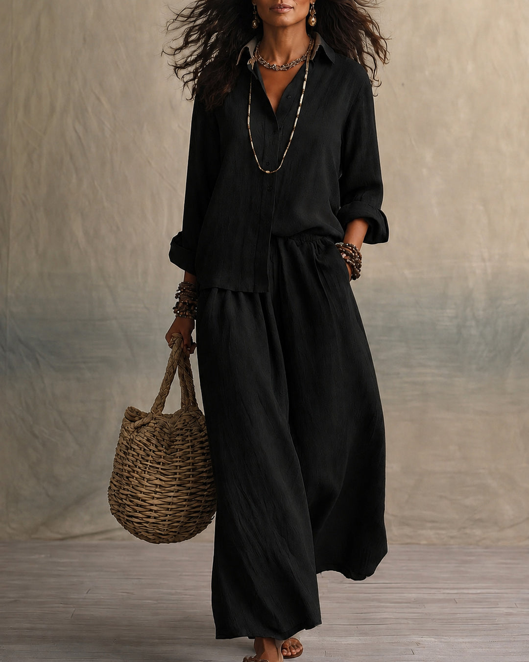 Linen‑Look Shirt & Wide‑Leg Maxi  Pants Two Piece Set