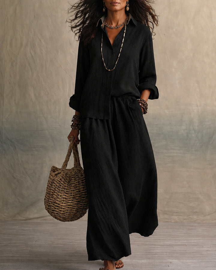 Linen‑Look Shirt & Wide‑Leg Maxi  Pants Two Piece Set