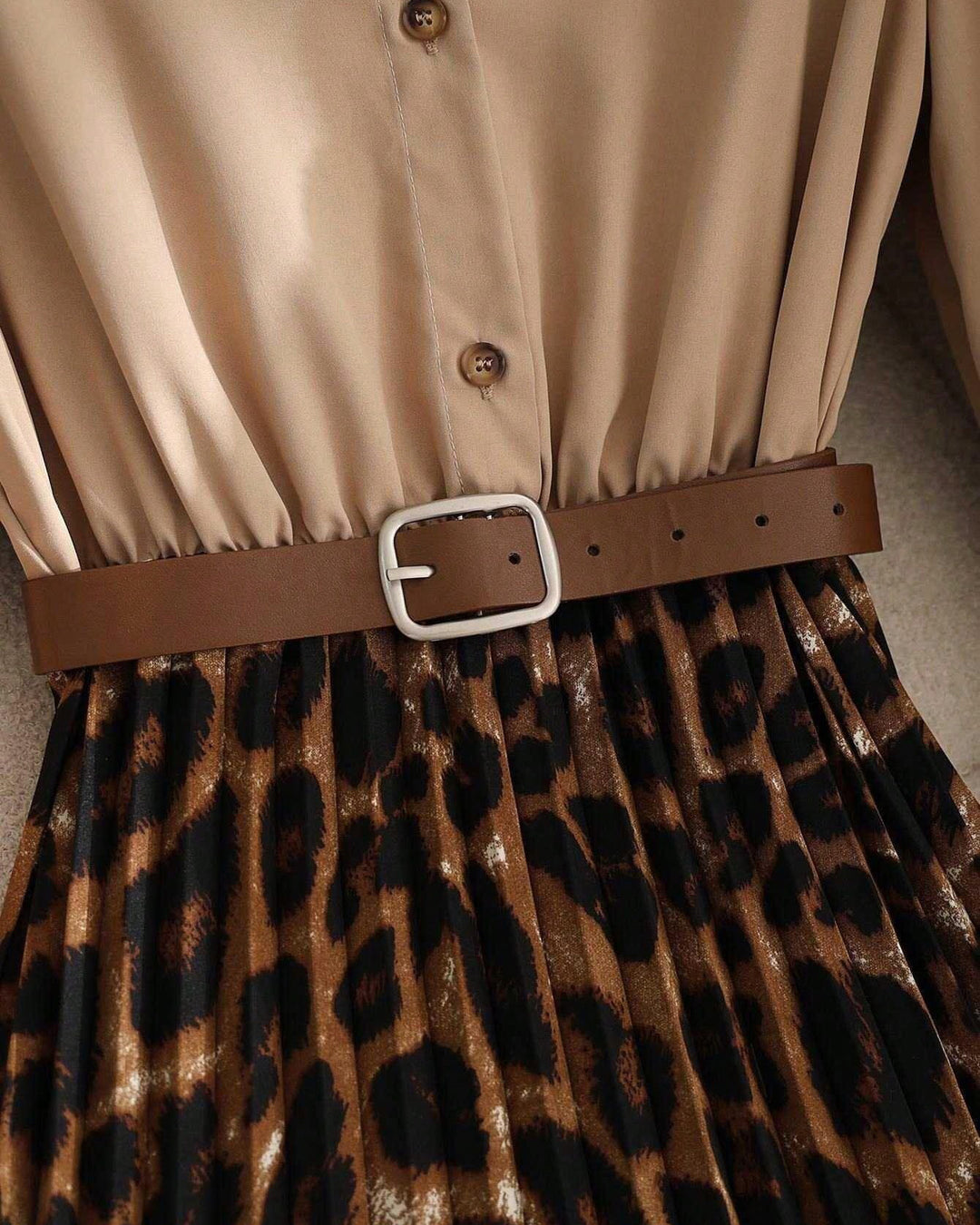 Leopard-print Long Sleeve Button Down Panel Pleated Midi Dress
