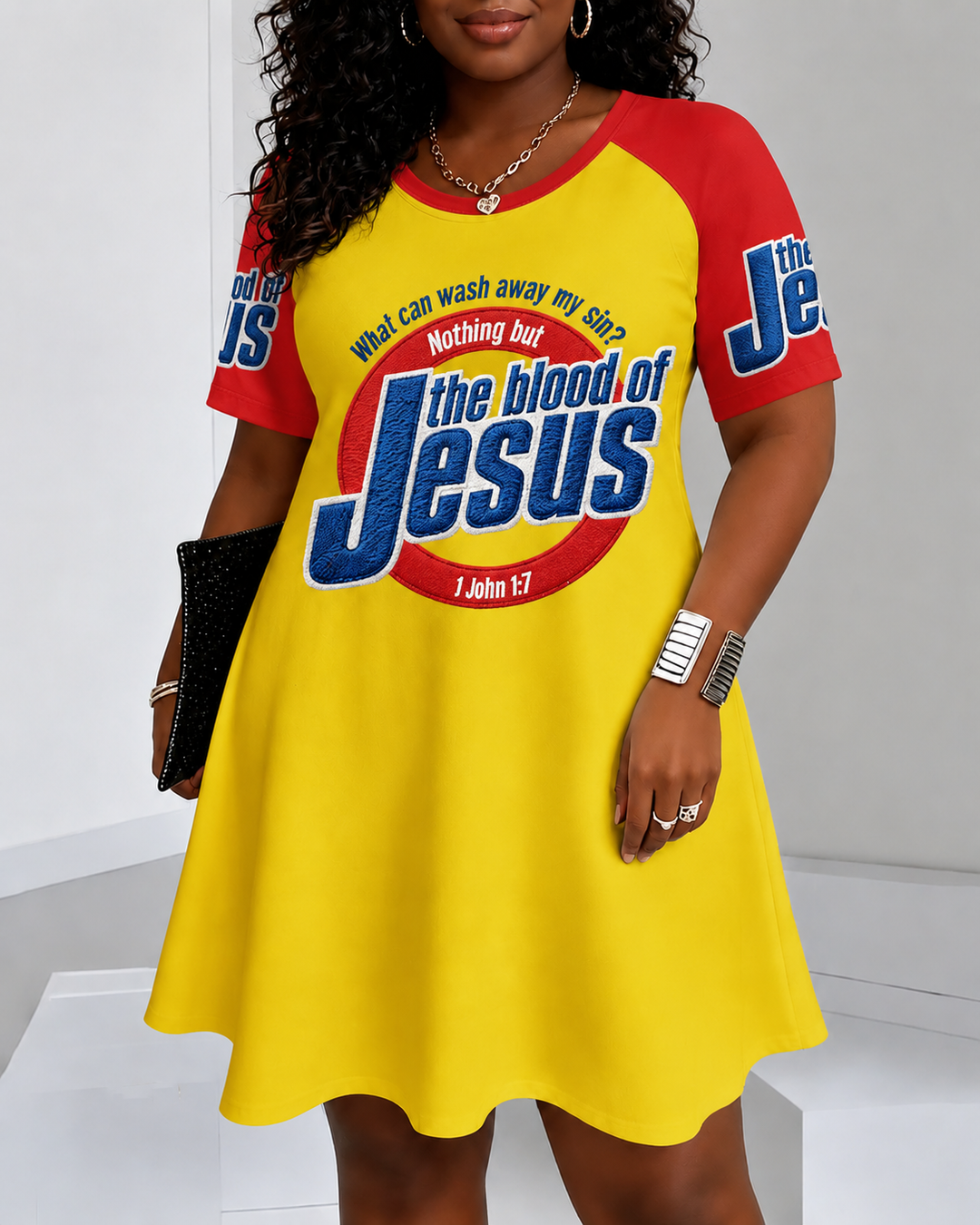 The Blood Of Jesus Print Round Neck Mini Casual Dress