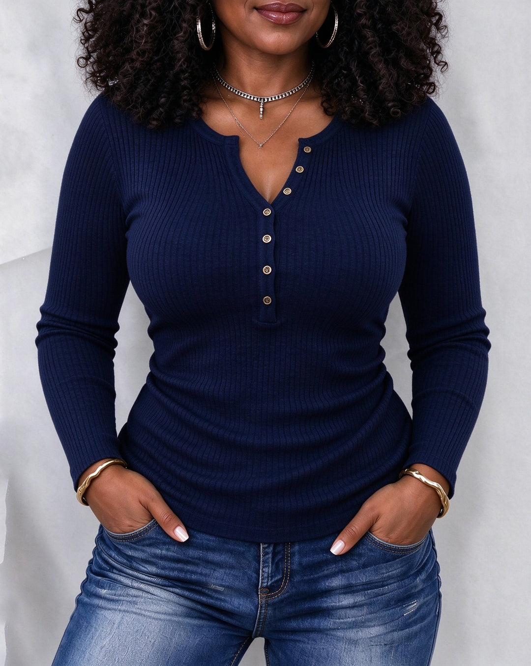 Women's Ribbed Long Sleeve Henley Top