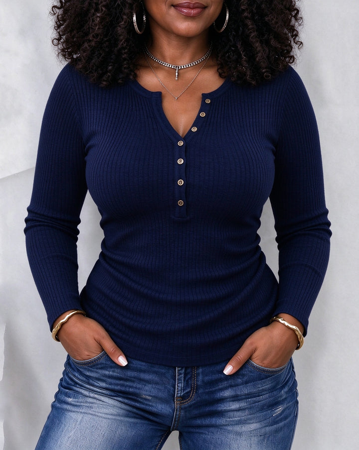 Women's Ribbed Long Sleeve Henley Top
