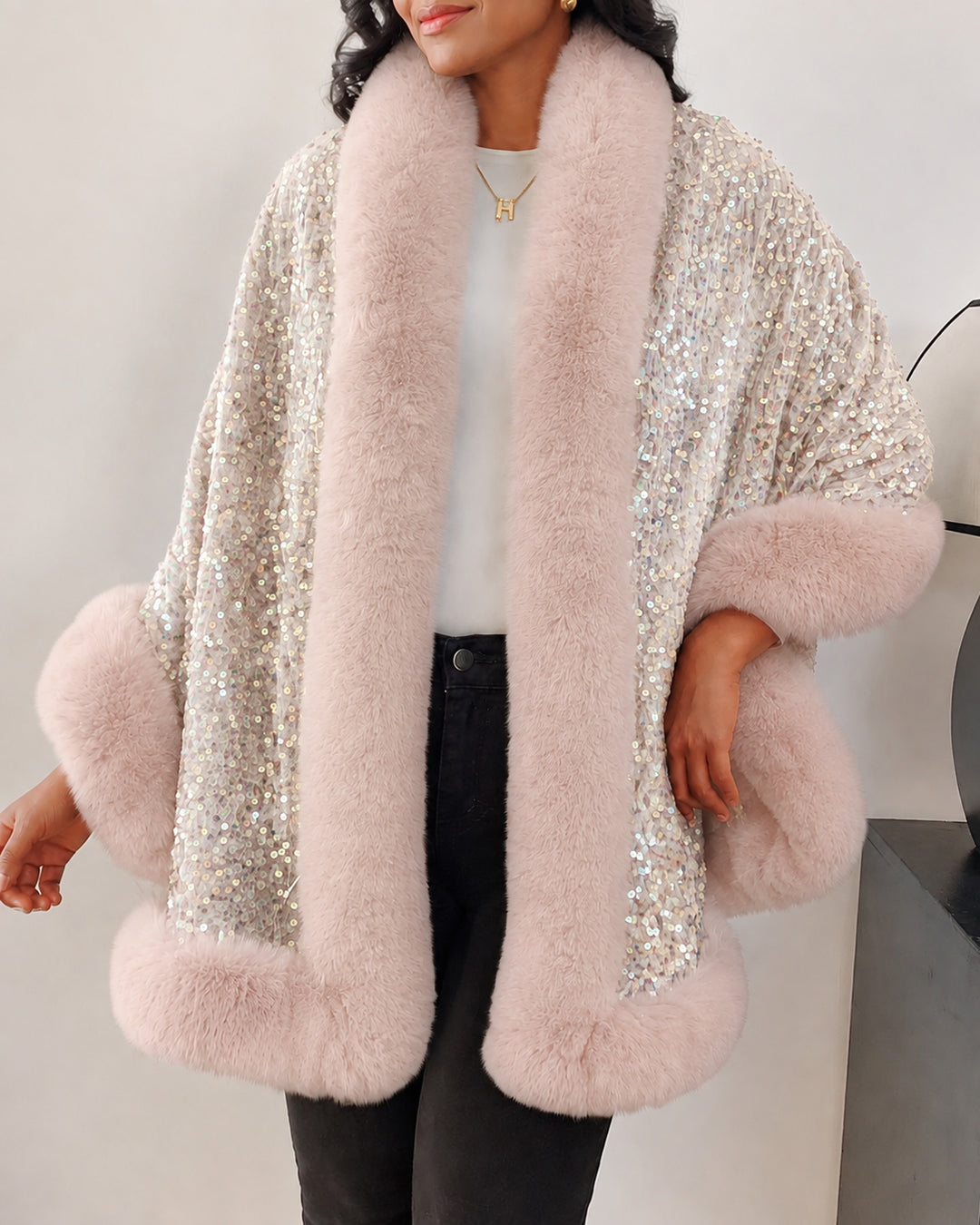 Sequined Fur-trimmed Cape-style Shawl Coat