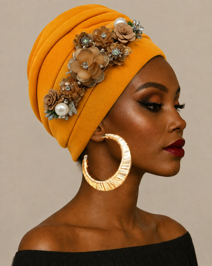 Hand‑made Pearl Hot‑fix Rhinestone Floral Turban Hat
