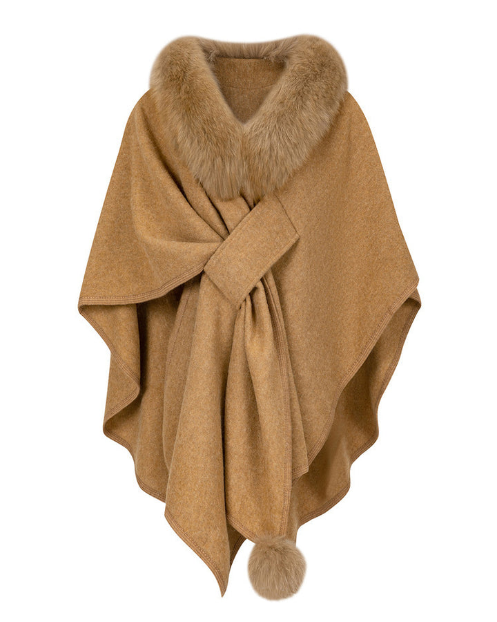 Women's Faux Fur Collar Wool Blend Poncho Cape